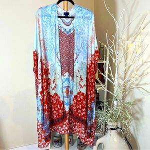 Unreadable Lable One Size Bohemian Red, orange, blue and aqua Kimono/cover up.